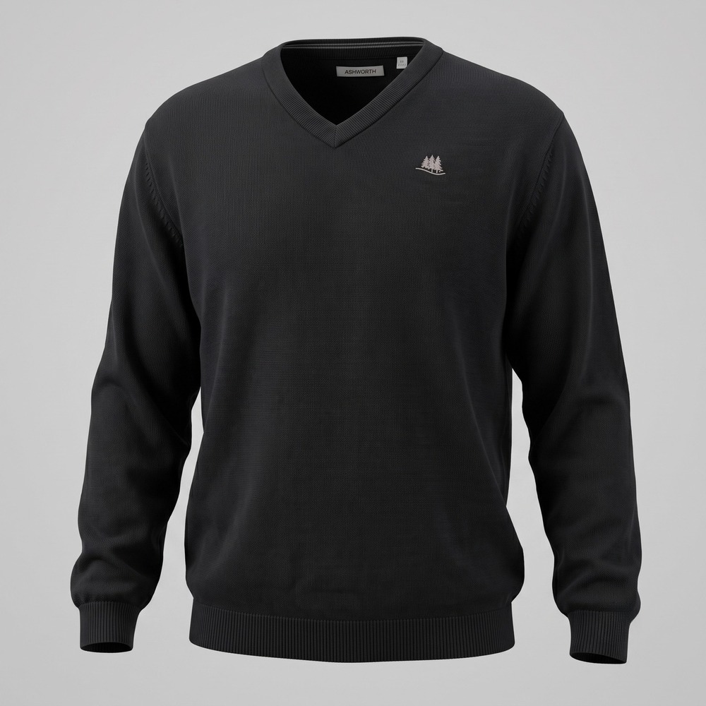 Ashworth Mens Large Black V-Neck‎ Sweater 100% Pima Cotton Golf Logo Embroidered